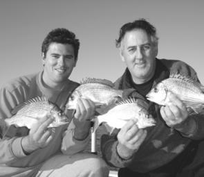John and Steven with some quality bream taken from the deep water in Wagonga Inlet on plastics when the shallows wouldn't fire.